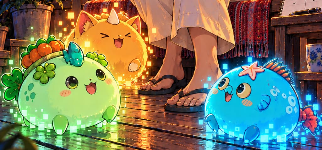 THE THREE CREATURES. The green, orange and blue creatures recall a team of three Axies. Their glowing, pixelated edges bring digital assets into the player's room as an artistic metaphor. They are not physical pets or real holograms.
