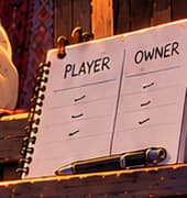 THE SHARED REWARDS. The notebook separates PLAYER and OWNER into two columns, recalling how scholarship rewards were shared. Its simple marks record no amounts or percentages. The illustrated split describes this arrangement without assigning every scholarship identical terms.