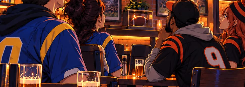 THE OPPOSING COLOURS. Blue and gold on the left recall Rams supporters; black and orange on the right recall Bengals supporters. The fictional fans share one screen. These emblem-free shirts suggest team loyalties, not exact Super Bowl uniforms.