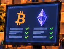 THE DONATION TERMINAL. Bitcoin and Ethereum symbols reference two officially listed donation channels. The screen and workstation are illustrative.