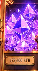 THE ETHER RESERVE. Violet Ethereum-shaped crystals and the 173,600 ETH label recall the stolen Ether. The physical treasure is symbolic.