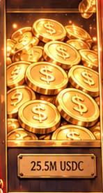 THE USDC RESERVE. Gold dollar-marked coins and 25.5M USDC identify the second stolen asset. The coins stand for digital USDC, not cash or gold.