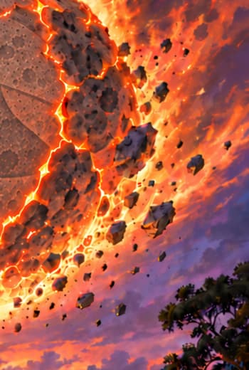 THE BREAKING MOON. The fiery fracture and falling fragments evoke LUNA and a stability mechanism coming apart. No actual lunar event or physical destruction is implied.