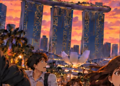 THE MARINA BAY SKYLINE. Marina Bay Sands and the lotus-shaped ArtScience Museum make Singapore recognisable. They are an imagined setting, not evidence of an incident at those landmarks.