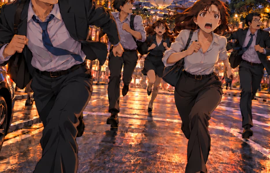 FIVE RUNNING FIGURES. The five fictional people convey fear and lost confidence. Their number is a composition choice, not a count of victims, founders or institutions.