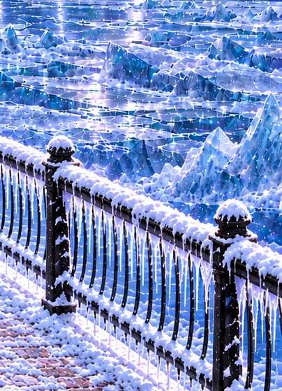 THE IMPOSSIBLE JUNE ICE. Frozen water, railings and snow turn the financial freeze into a landscape. The scene is symbolic, not a historical weather report.