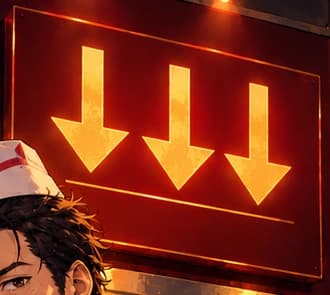 THREE ARROWS DOWN. The glowing wall sign turns the fund's name into a direction of travel. The same three arrows reappear on the apron and fries carton.