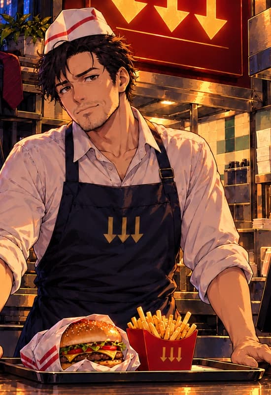 THE NEW UNIFORM. A paper cap and dark apron complete the role reversal. The burger, fries and tray give the caption its literal punchline.