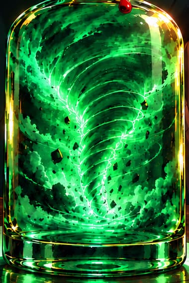 THE BOTTLED STORM. The green tornado is a visual pun on Tornado Cash. Its glass enclosure symbolizes attempted containment of intangible software, not an object seized by the government.