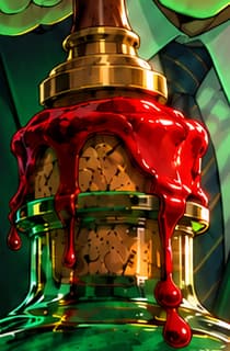 THE RED WAX SEAL. The official pressing a seal over the cork represents government restriction. This fictional figure and sealing ritual are not a documented event or an identified individual.