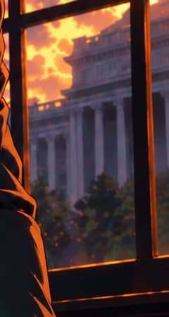 THE GOVERNMENT OFFICE. Formal furnishings and the classical building outside evoke Treasury and OFAC. The office is an imagined setting, not a verified reconstruction of where the decision was made.