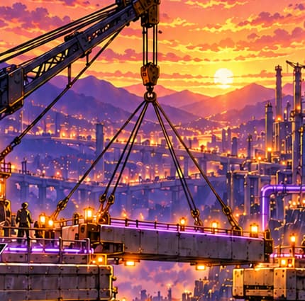 The final span. A crane lowers the missing bridge section between two established structures. This fictional construction scene symbolises the integration of Mainnet execution and Beacon Chain consensus.