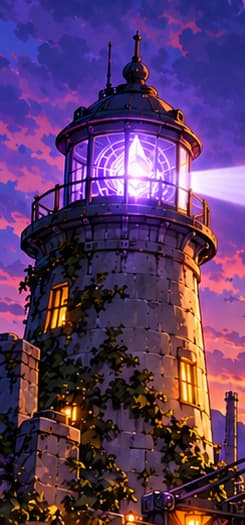 The Beacon lighthouse. The purple beacon recalls card 062, Beacon Chain. Its guiding light connects the consensus chain launched in 2020 with the network transition completed in 2022.