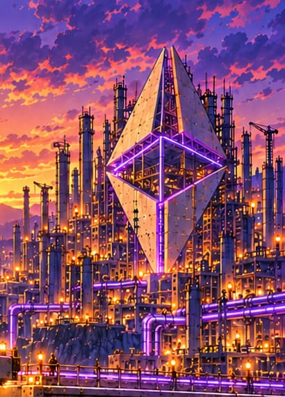 A city already alive. The Ethereum emblem hangs over a brightly lit city. Buildings, lights and flowing water suggest an existing world continuing through the transition, not a network being created from nothing.