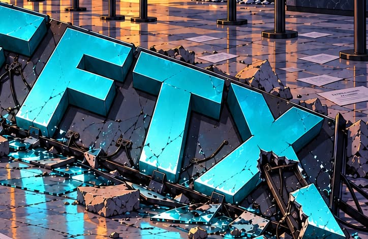 The fallen name. The enormous FTX sign lies on the lobby floor. Its collapse turns the loss of confidence in a familiar brand into a physical image. This is symbolism, not a documented accident.