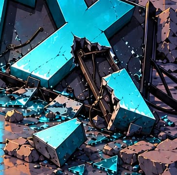 Trust shattered. The broken lower-right arm of the X exposes its internal supports, with detached pieces scattered nearby. The damaged letter reinforces the editorial caption: TRUST SHATTERED.