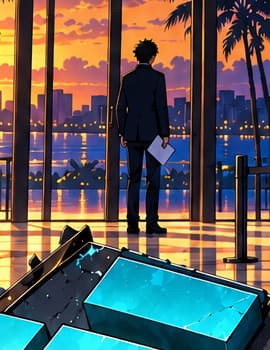 An anonymous figure. A lone figure stands by the glass holding a sheet of paper. The person is fictional and unidentified, evoking customers and creditors left facing a long process rather than depicting a named individual.