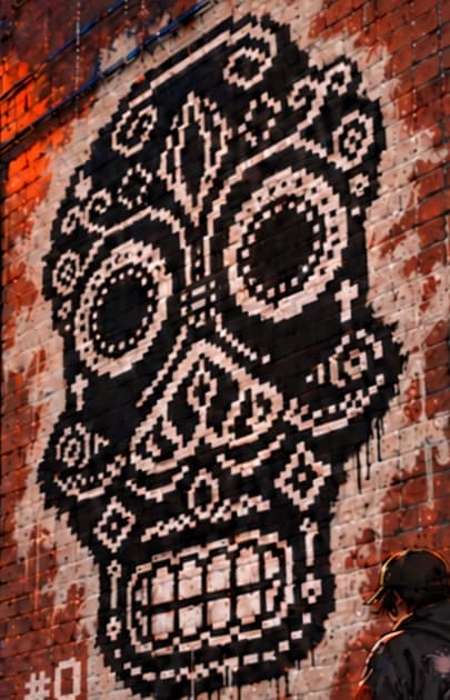 The skull mural. The large skull is an artistic reinterpretation of the image associated with inscription 0, not an exact reproduction of that original PNG. Its rough white backing keeps the idea rooted in a physical street-art metaphor.