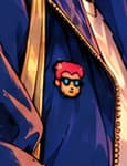 The punk pin. The tiny pixel-style punk on the jacket links back to the collection's digital-art story. It is a designed accessory within a fictional scene, not a documented participant or product endorsement.