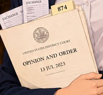13 JUL 2023 / 874. The opinion date and tab reference the original ruling, filed as ECF Document 874. The illustrated paperwork is not a facsimile.