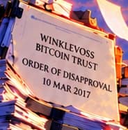 The 2017 disapproval. The upper-left Winklevoss document marks 10 March 2017, when the SEC disapproved the exchange's proposal to list and trade its shares.