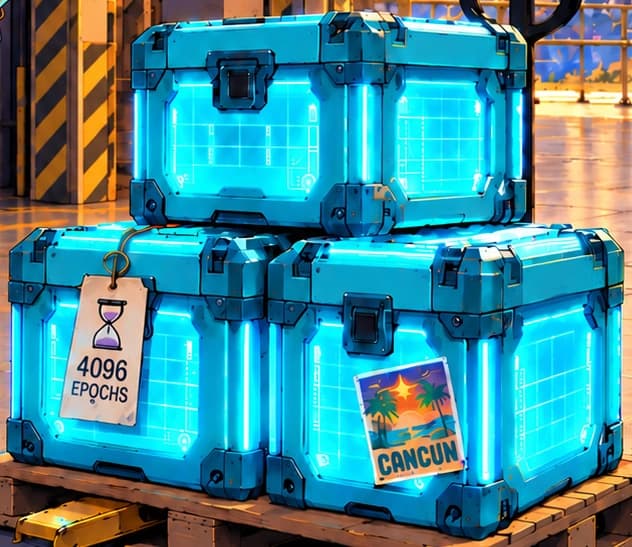 The cyan data crates. Three luminous crates represent the temporary blob data space introduced by EIP-4844. They are a visual metaphor, not a claim about the number of blobs in every block.
