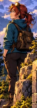 A familiar explorer. The standing miner repeats the headlamp, teal jacket and backpack from the earlier scene, tying the two cards together.
