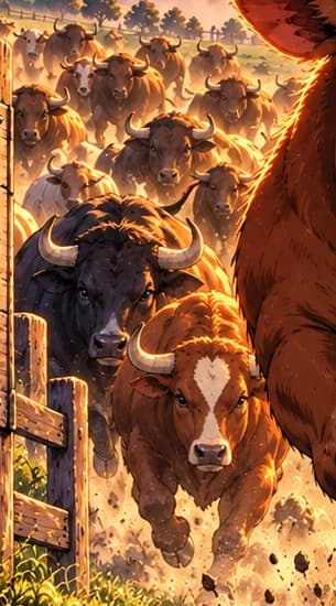 The following herd. The open space behind the young bull has filled with charging animals. Their varied coats and horns give the crowd its own character.