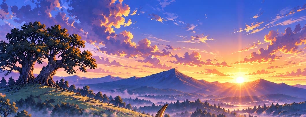 The familiar way through. The spreading tree, mountain ridge and wooden gate return from Four Figures. Dust and flying earth replace the stillness of the earlier scene.
