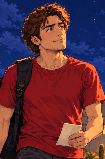 The red-shirt connection. The shirt recalls Ross in 016, Silk Road Shutdown. The older face carries the years between the arrest-era scene and the pardon.