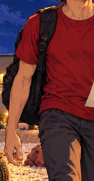 One step beyond. A backpack sits over one shoulder as Ross moves towards the foreground. The entrance recedes behind him, making release the direction of the composition.