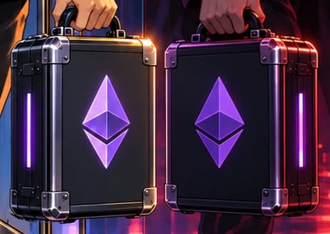 The Ethereum case. The purple diamond marks the assets leaving the Ethereum wallet. Its reflected counterpart follows the same cargo into the scene's darker version.
