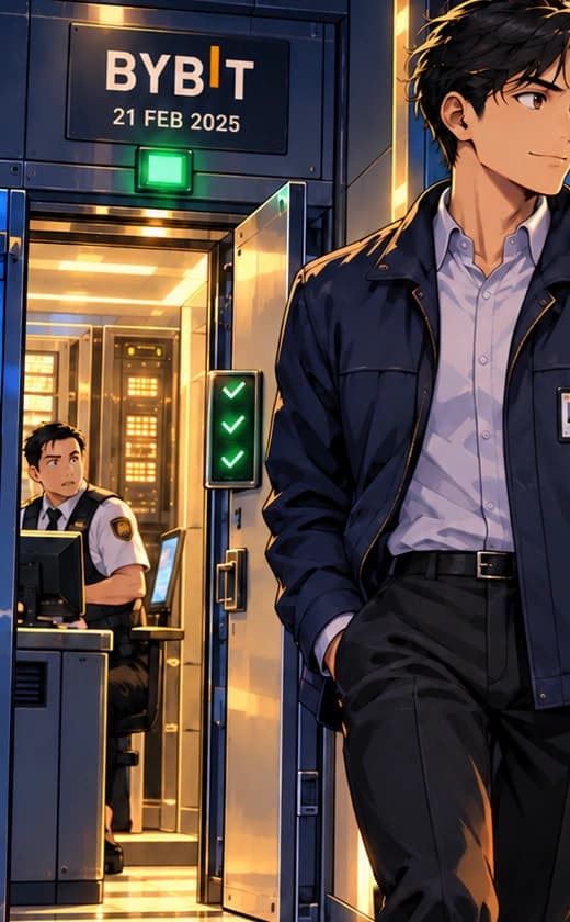 The cleared doorway. A guard remains at his desk beside the open entrance. The badge and approval lights make the courier's exit look routine; the BYBIT sign fixes the date at 21 FEB 2025.