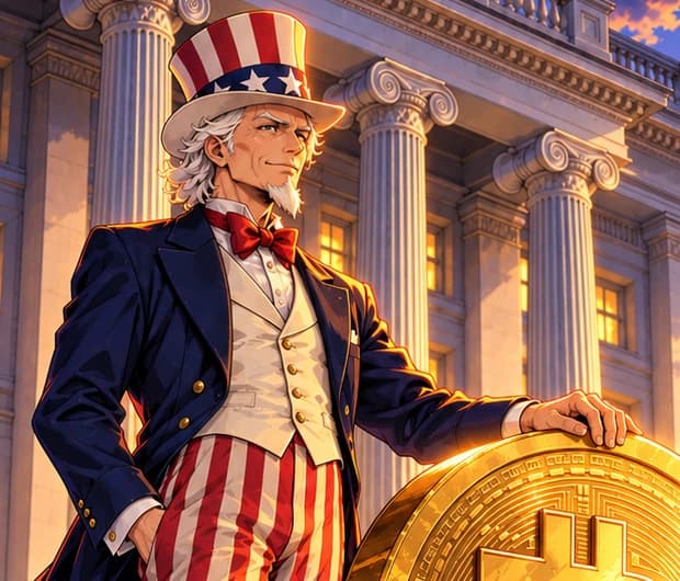 Uncle Sam's grip. The star-banded hat and striped trousers identify the national personification. His hand rests firmly on the Bitcoin, turning the reserve's holding policy into a simple gesture.