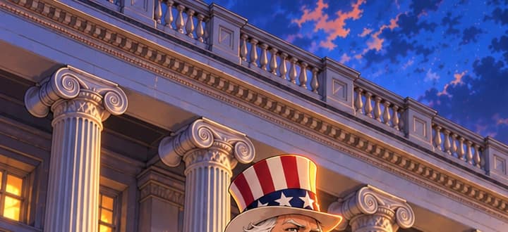 The Treasury steps. The columned facade recalls the real Treasury building. The setting points to the department charged with administering the Strategic Bitcoin Reserve.