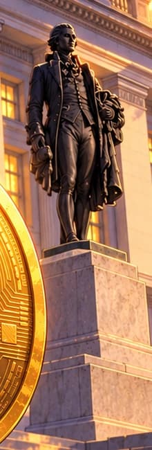 Hamilton keeps watch. The statue evokes Alexander Hamilton, the first Treasury Secretary. His real monument stands on the building's south plaza, linking an older financial institution to the new reserve.