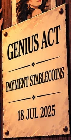 THE NOTICE ON THE WALL. GENIUS ACT, PAYMENT STABLECOINS and 18 JUL 2025 keep the event, statutory subject and signing date visible together.