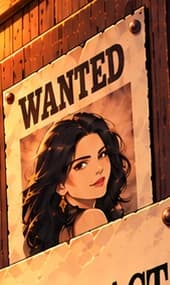 THE OLDER WANTED POSTER. The Cryptoqueen from 044 reappears on the WANTED poster behind the new notice. This collection callback brings an earlier unresolved story onto the final card's wall.