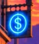 THE BLUE DOLLAR SIGN. A small neon dollar glows farther down the street, linking the Western setting to digital money while keeping the sheriff and notice in the foreground.
