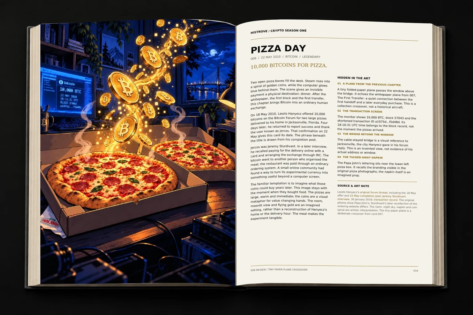 HISTROVE companion book concept mockup with Pizza Day pages; format and binding are illustrative